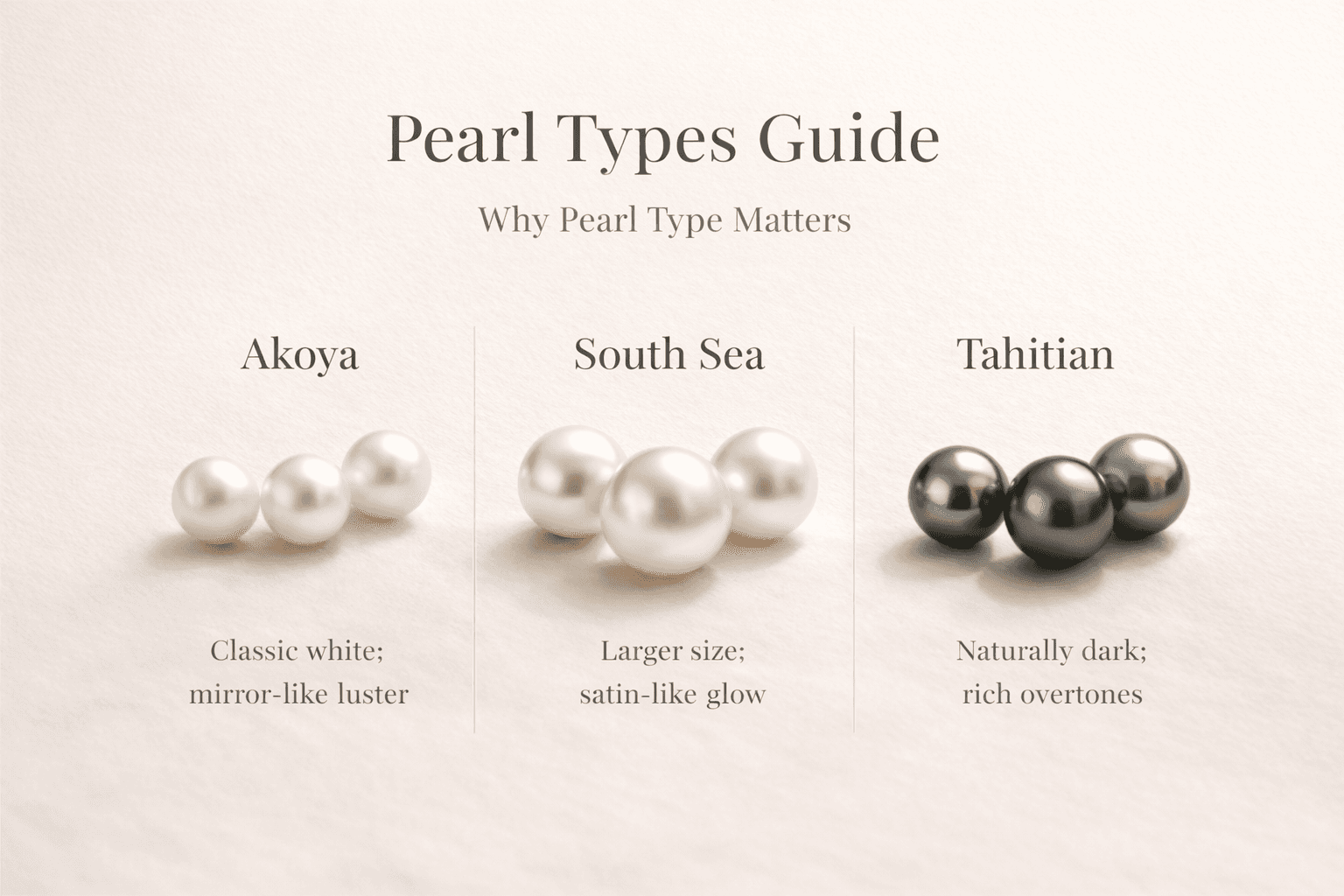 Comparison image illustrating Akoya, South Sea, and Tahitian pearl types